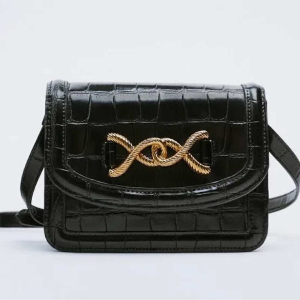 Zara Black Croc-Embossed Crossbody Bag
